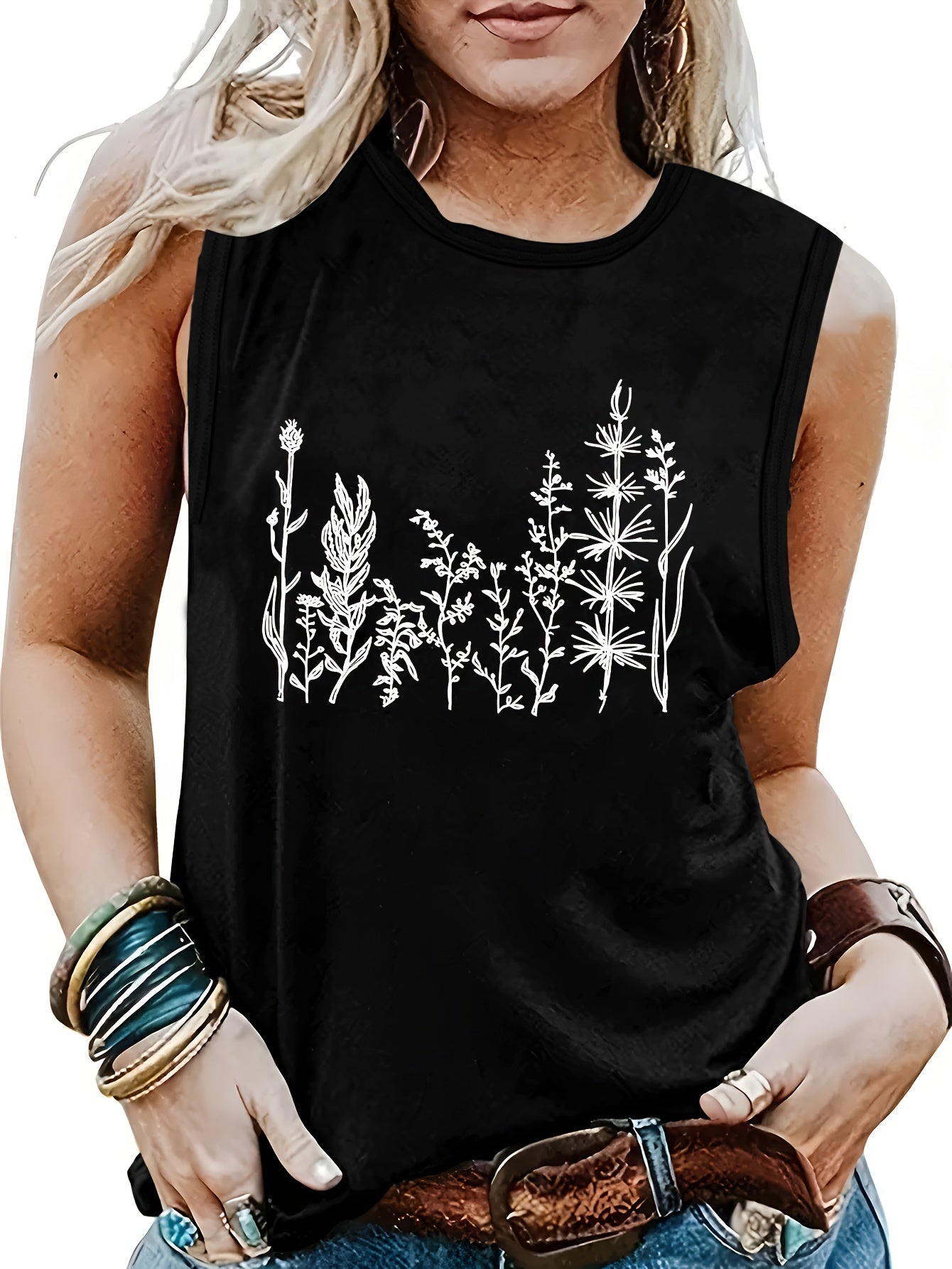 Plant Print Crew Neck Tank Top Summer Sleeveless Casual
