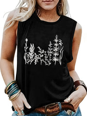 Plant Print Crew Neck Tank Top Summer Sleeveless Casual
