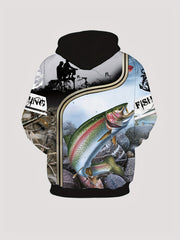 Men's Fishing Print Hoodie with Kangaroo Pocket for Autumn Winter