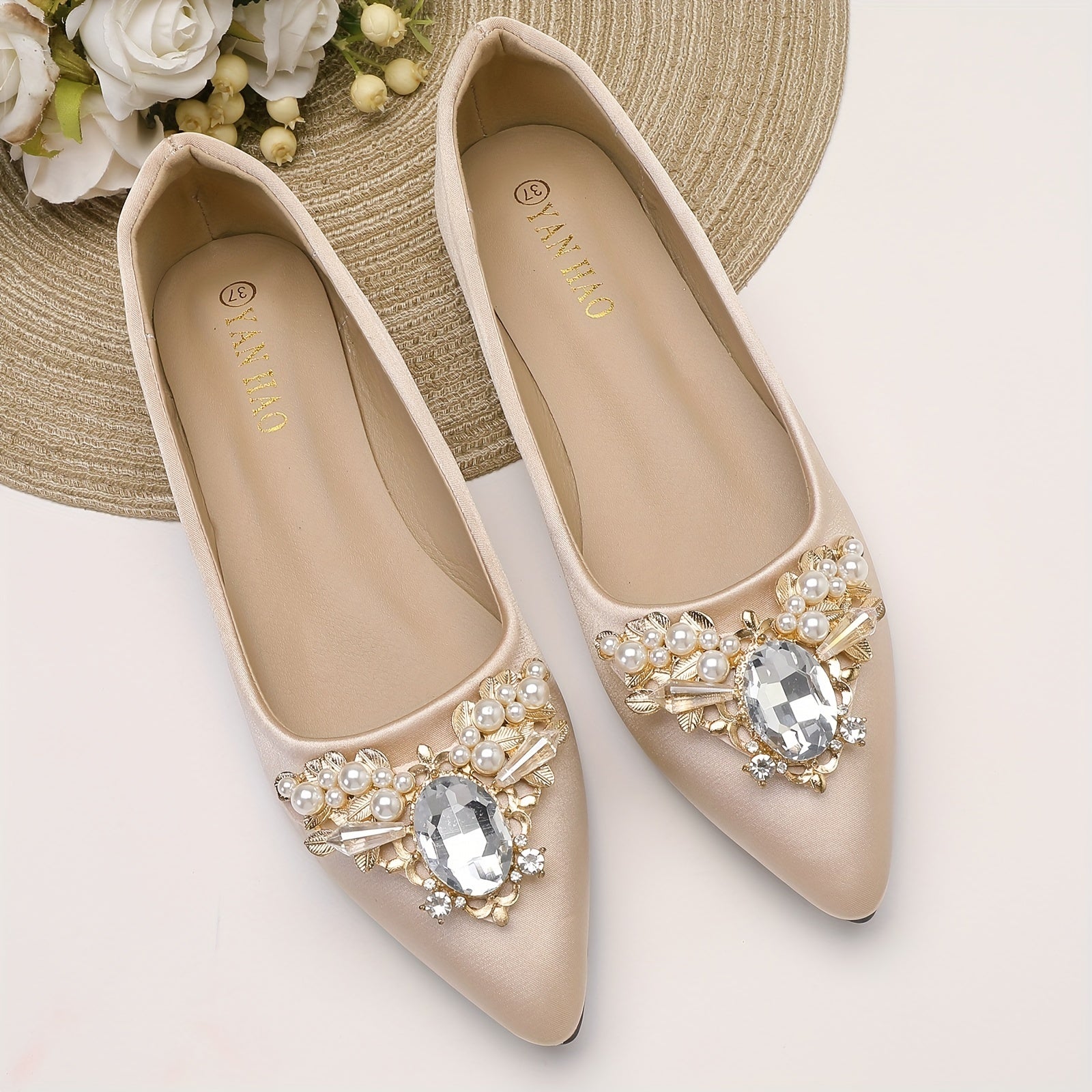 Women's Rhinestone Ballet Flats Pointed Toe Slip On Satin Soft Sole