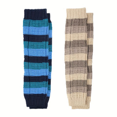 2 Pairs Striped Knitted Leg Warmers Colorblock Knee High Socks Women's Stockings