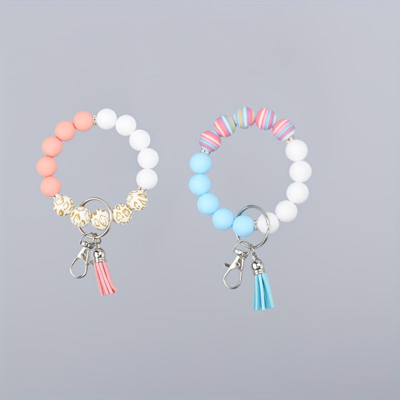 Silicone Beaded Bracelet Keychain with Tassel
