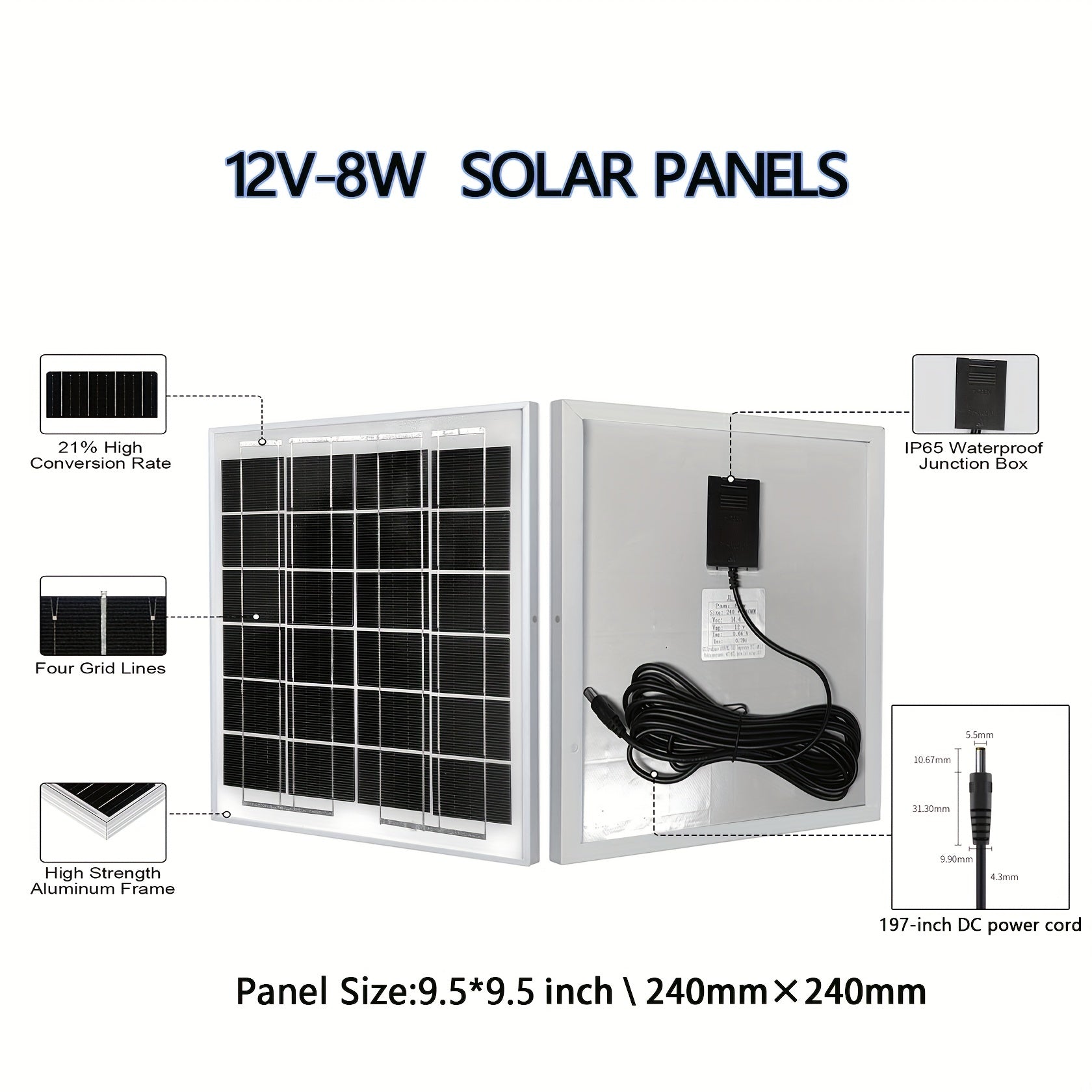 12V Solar Panel 8W Portable for 12V Batteries, Fan, Home Appliances