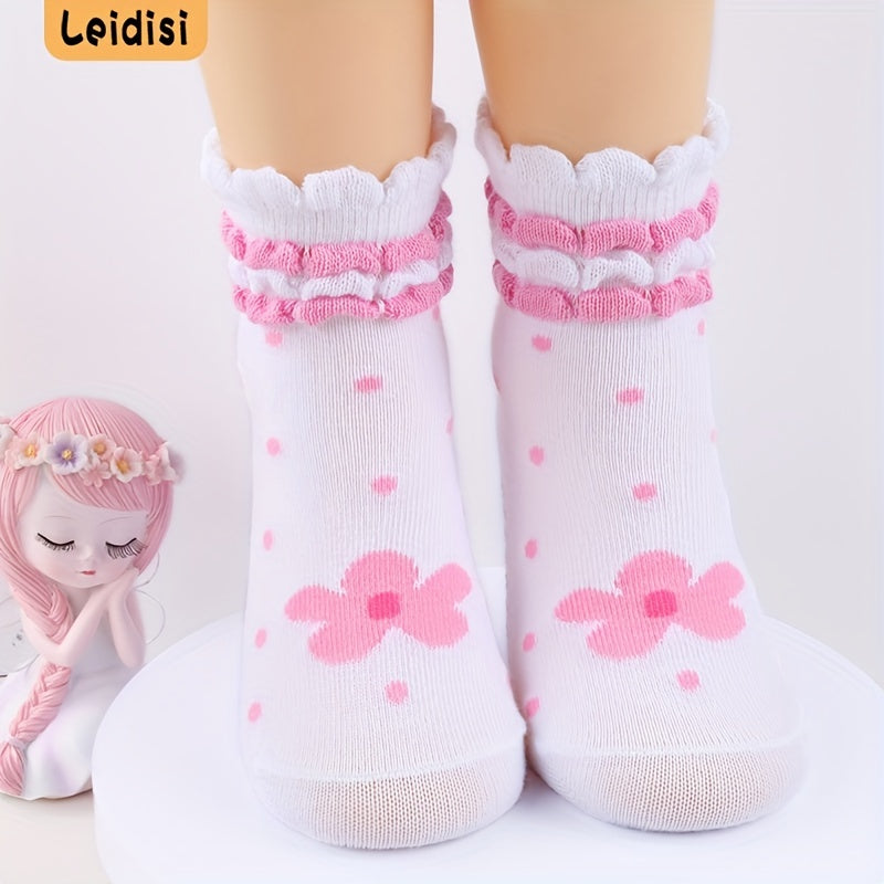 3 Pairs Girls Pink Flower Dot Lace Crew Socks Toddlers Non-Slip Floor Socks