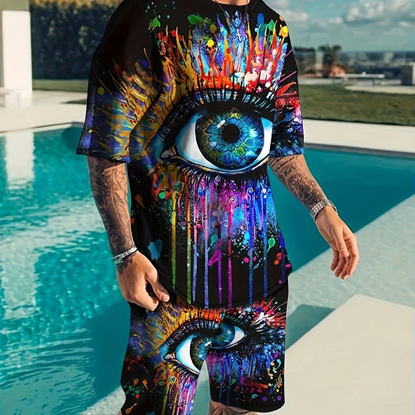 Colorful Eye 3d Pattern Men's 2 Piece Outfit Summer Set