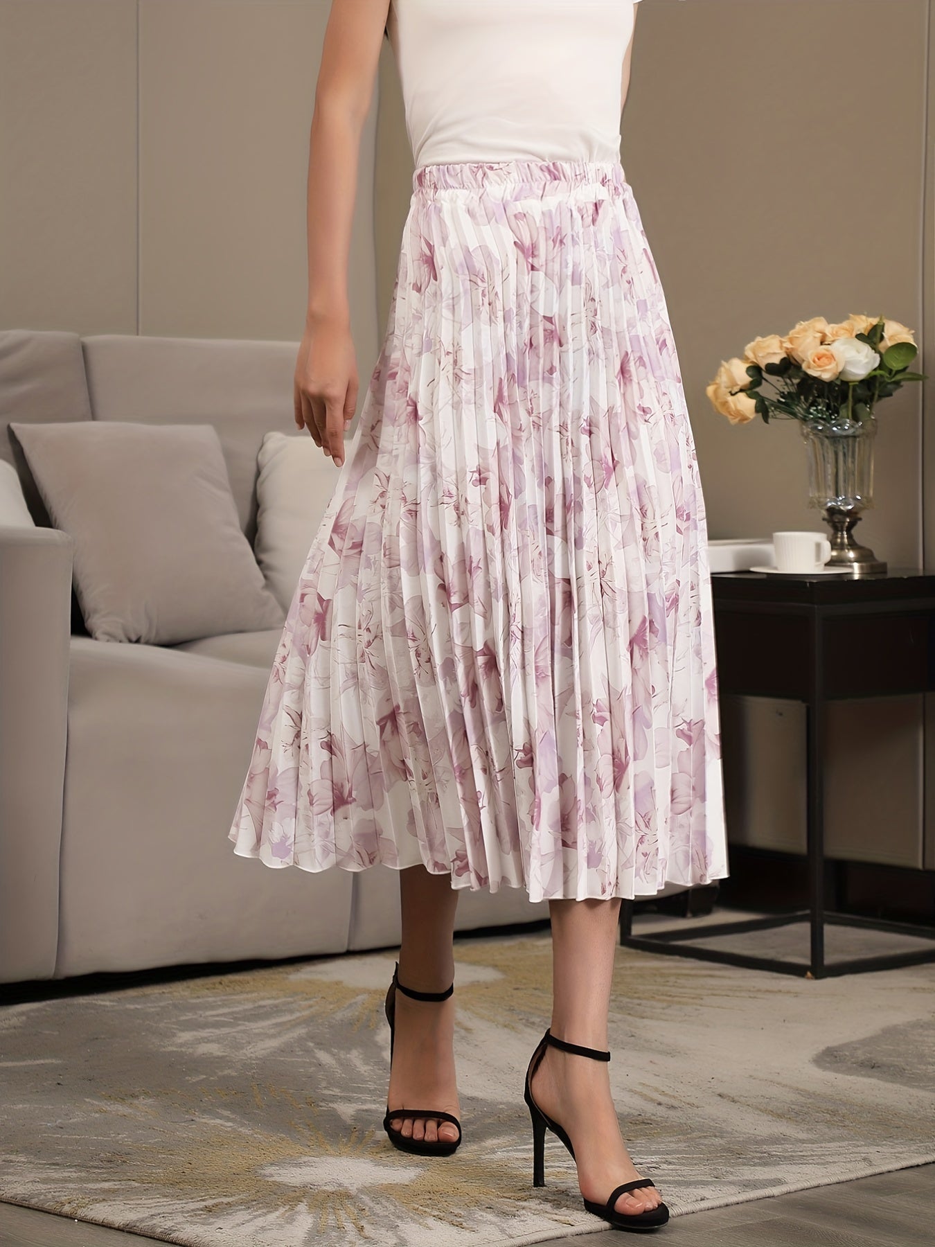 Graphic Print Pleated Skirts High Waist Versatile Skirts Women's Clothing