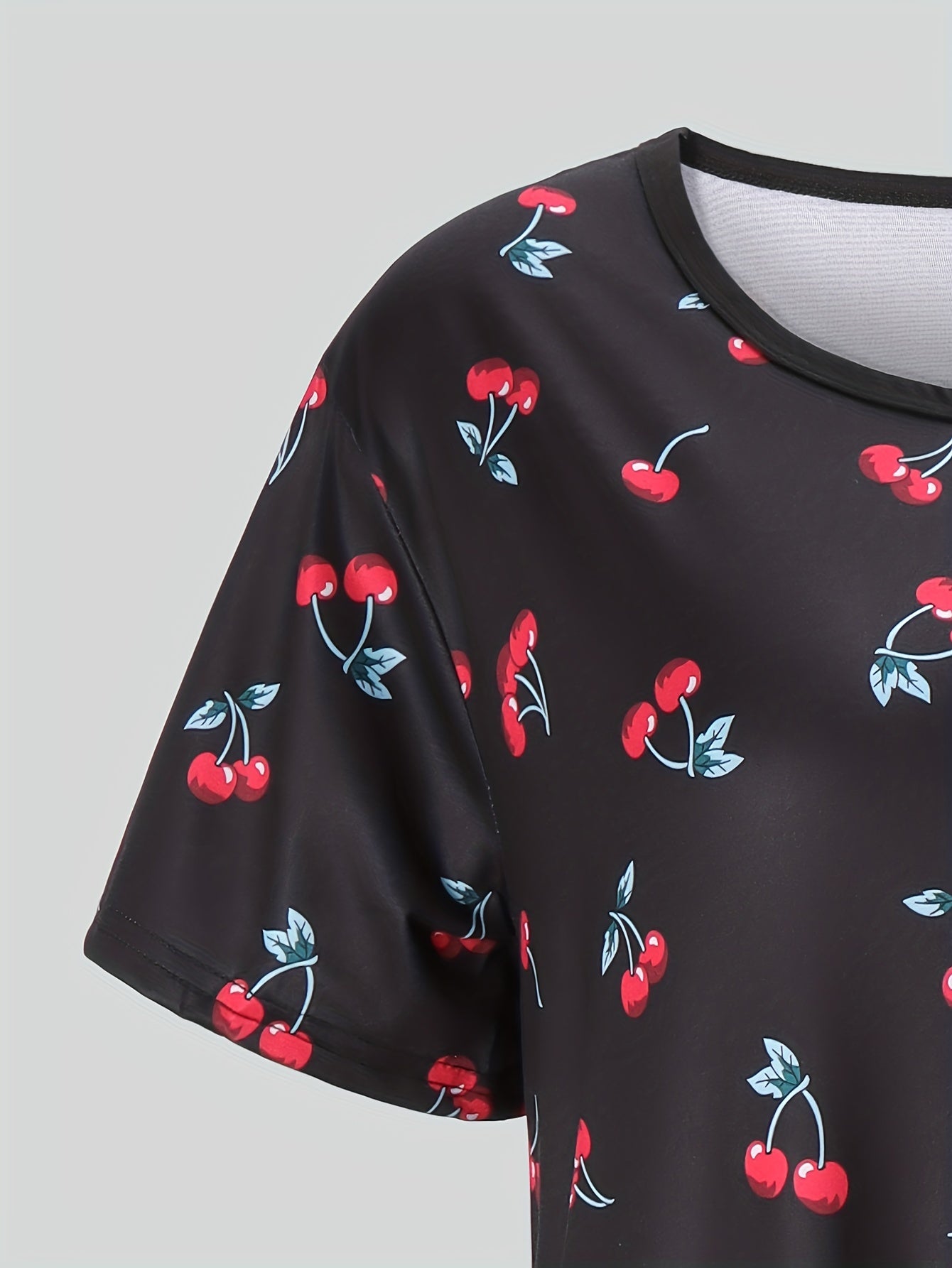 Cherry Print NightDress Short Sleeve Crew Neck Pajama Dress Women's Sleepwear