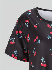 Cherry Print NightDress Short Sleeve Crew Neck Pajama Dress Women's Sleepwear