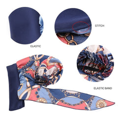 Navy Chain Print Turban Cap Satin Elastic Headband Wrap Hair Cap