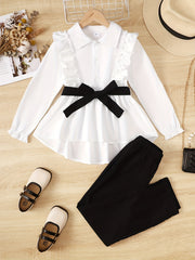 Girl's 3pcs Long Sleeve Shirt & Belt & Pants Set Ruffle Decor