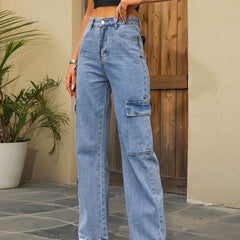 Cargo Pockets High Waist Denim Pants High Rise Jeans