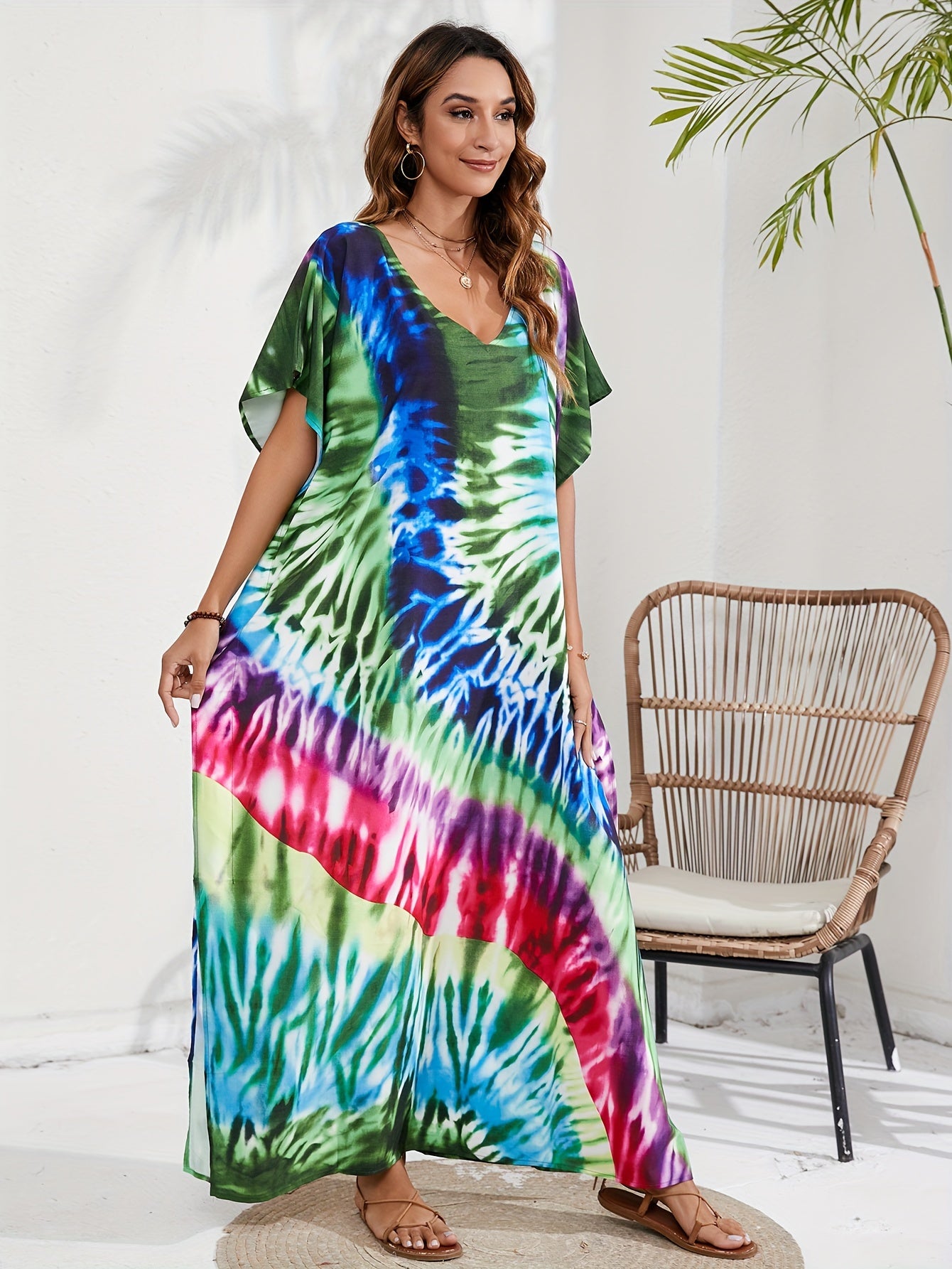 Tie Dye Batwing Sleeve V Neck Kaftan Beach Cover Up Dress