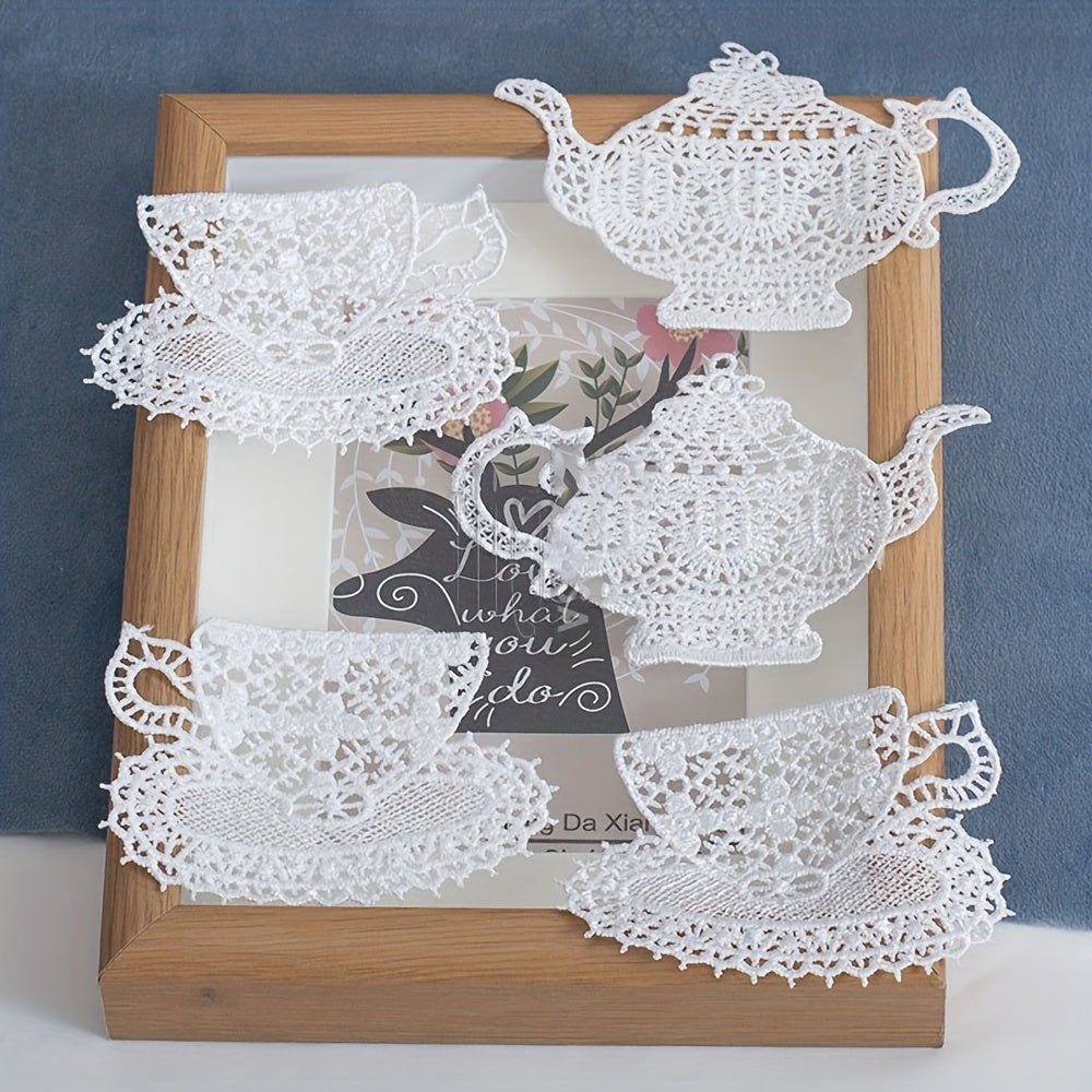 2pcs Lace Cup Teapot Embroidered Patches DIY Cloth Patches Hollow Water Soluble