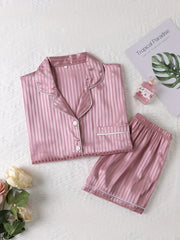 Striped Satin Pajamas Set Short Sleeve Buttons Top & Shorts