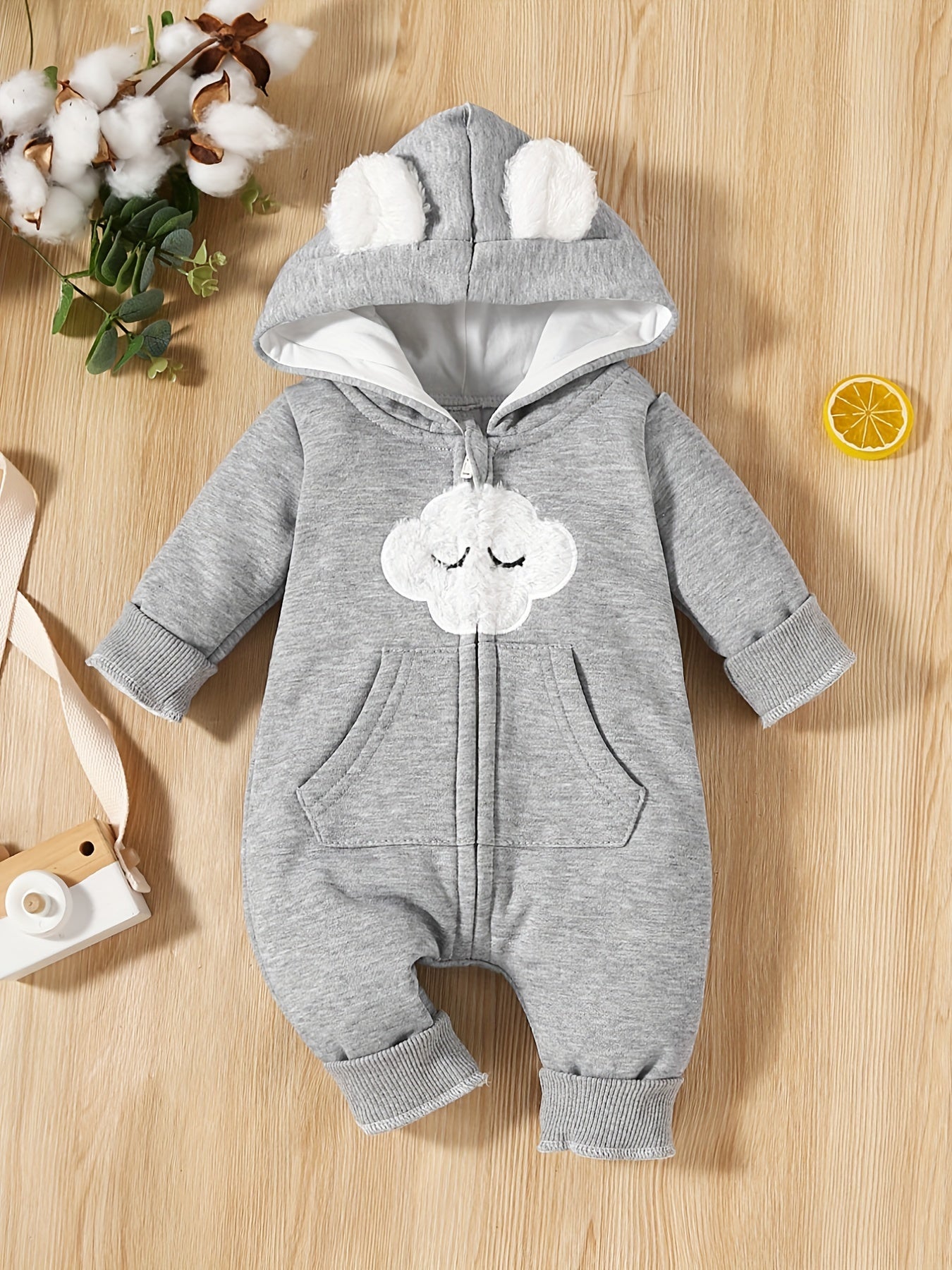 Infant Cloud Print Jumpsuit w/ Bear Ears Hood & Pocket - Newborn Baby Gift
