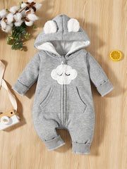 Infant Cloud Print Jumpsuit w/ Bear Ears Hood & Pocket - Newborn Baby Gift