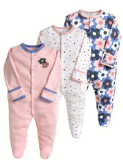 3pcs Baby Girl's Cotton Footed Rompers Pajamas Set With Dinosaur Print
