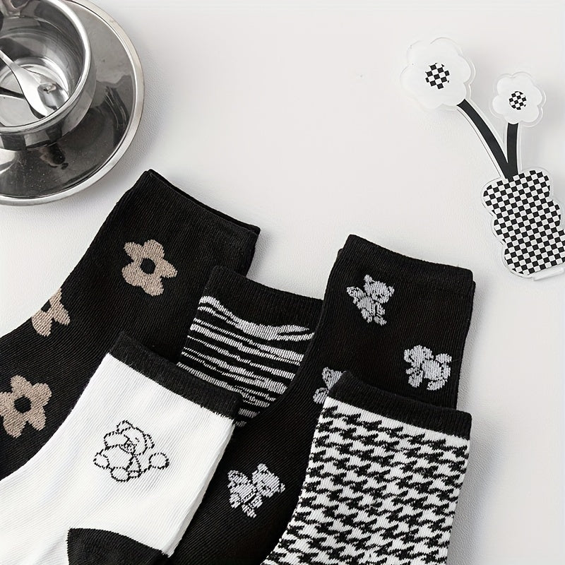5 Pairs Cartoon Pattern Mid Tube Socks for Women