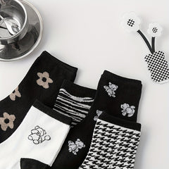 5 Pairs Cartoon Pattern Mid Tube Socks for Women