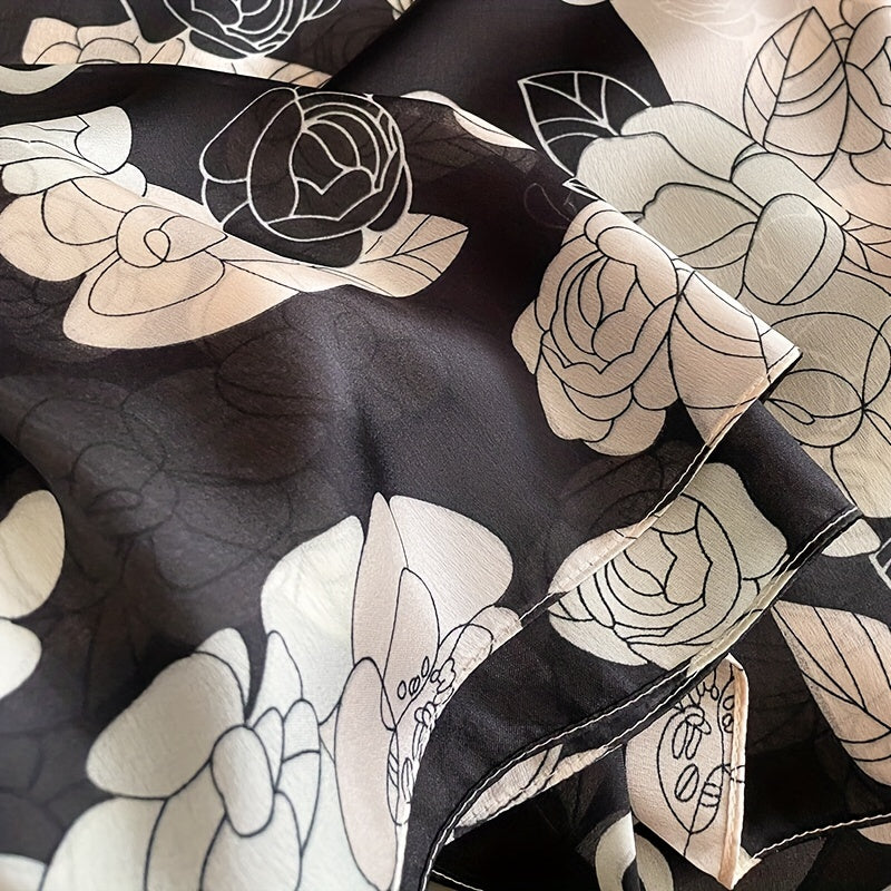 Camellia Print Large Satin Silk Scarf Shawl