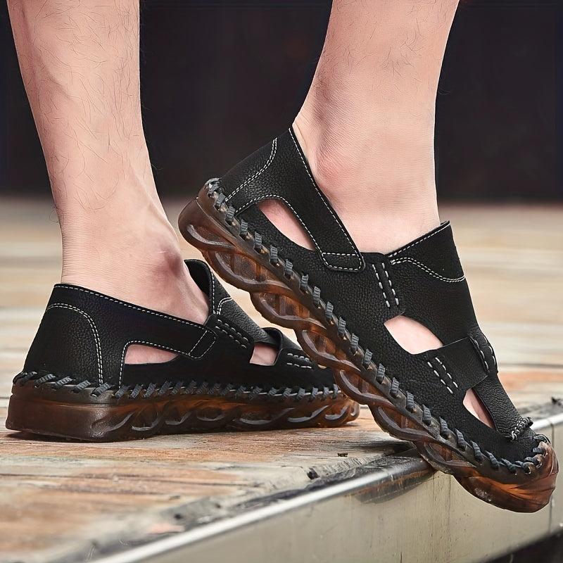 Men's Leather Sandals Non Slip Closed Toe Slide Shoes