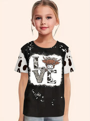 Girls Cow Print LOVE Print T shirt Western Style Tees Pullover Party Gift