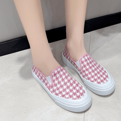 Women's Houndstooth Slip On Canvas Shoes Round Toe Flat Non-slip Casual Shoes