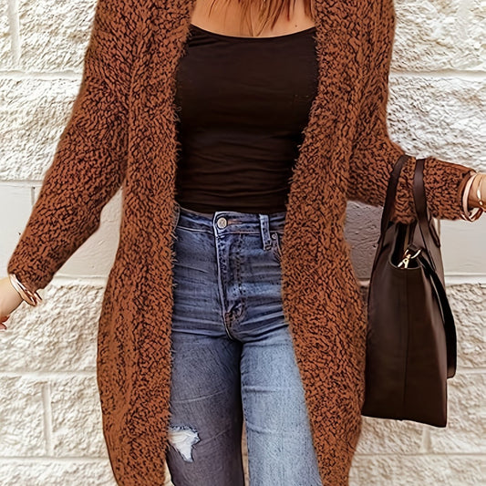 Solid Open Front Fuzzy Knit Cardigan