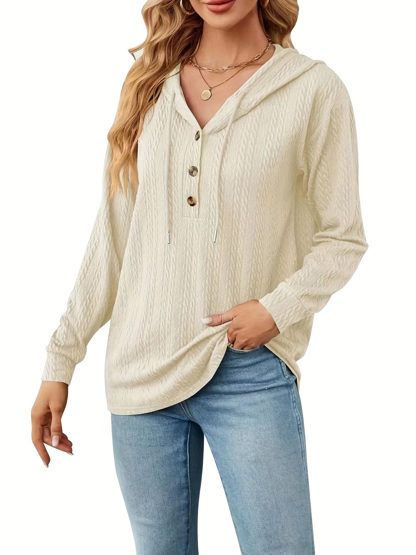 Textured Drawstring Button Front Hoodie for Spring & Fall Women's Clothing
