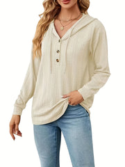 Textured Drawstring Button Front Hoodie for Spring & Fall Women's Clothing