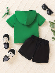 Baby Boys Summer Casual Set - Smile Print Hooded Tops & Elastic Shorts