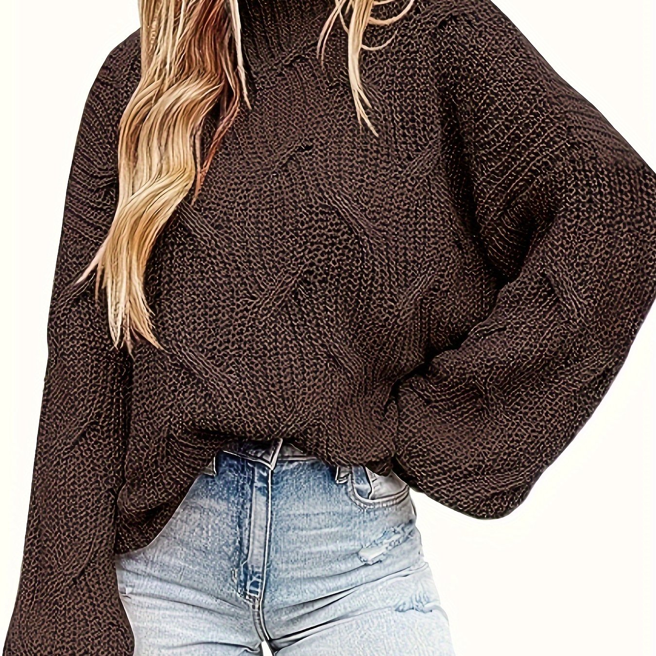 Plus Solid Cable Lantern Sleeve High Neck Sweater