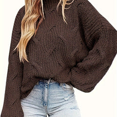 Plus Solid Cable Lantern Sleeve High Neck Sweater