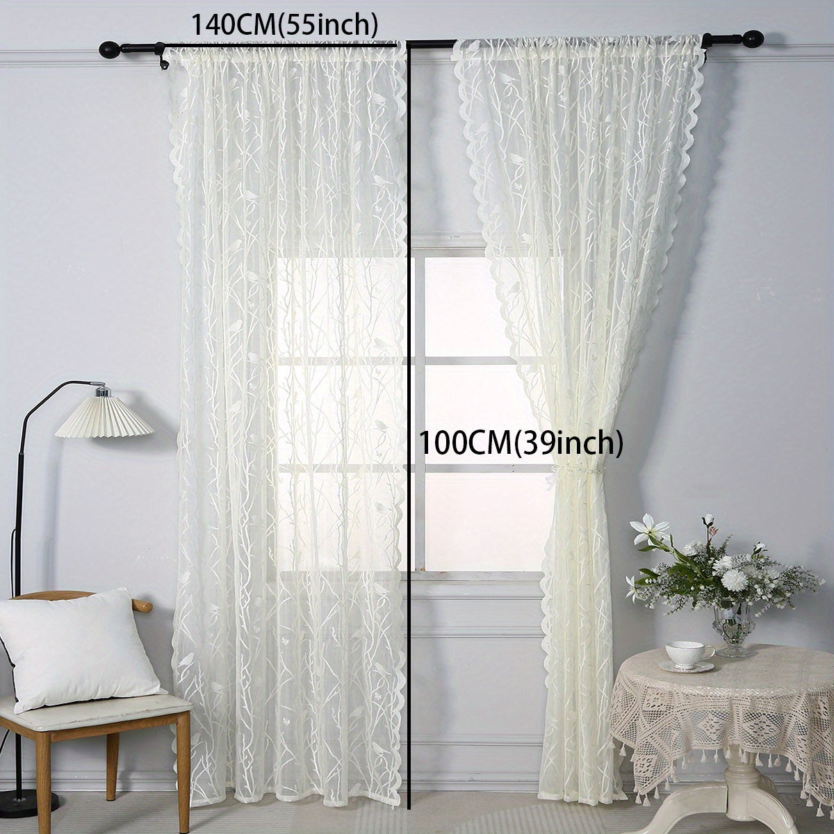 Bird Pattern Lace Curtain with Rod Pocket for Sliding Glass Doors