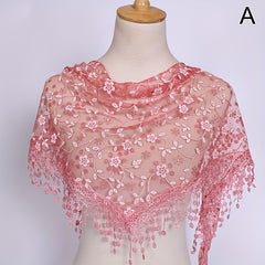 Lace Tassel Triangle Scarf Solid Flower Embroidery Shawl Mesh