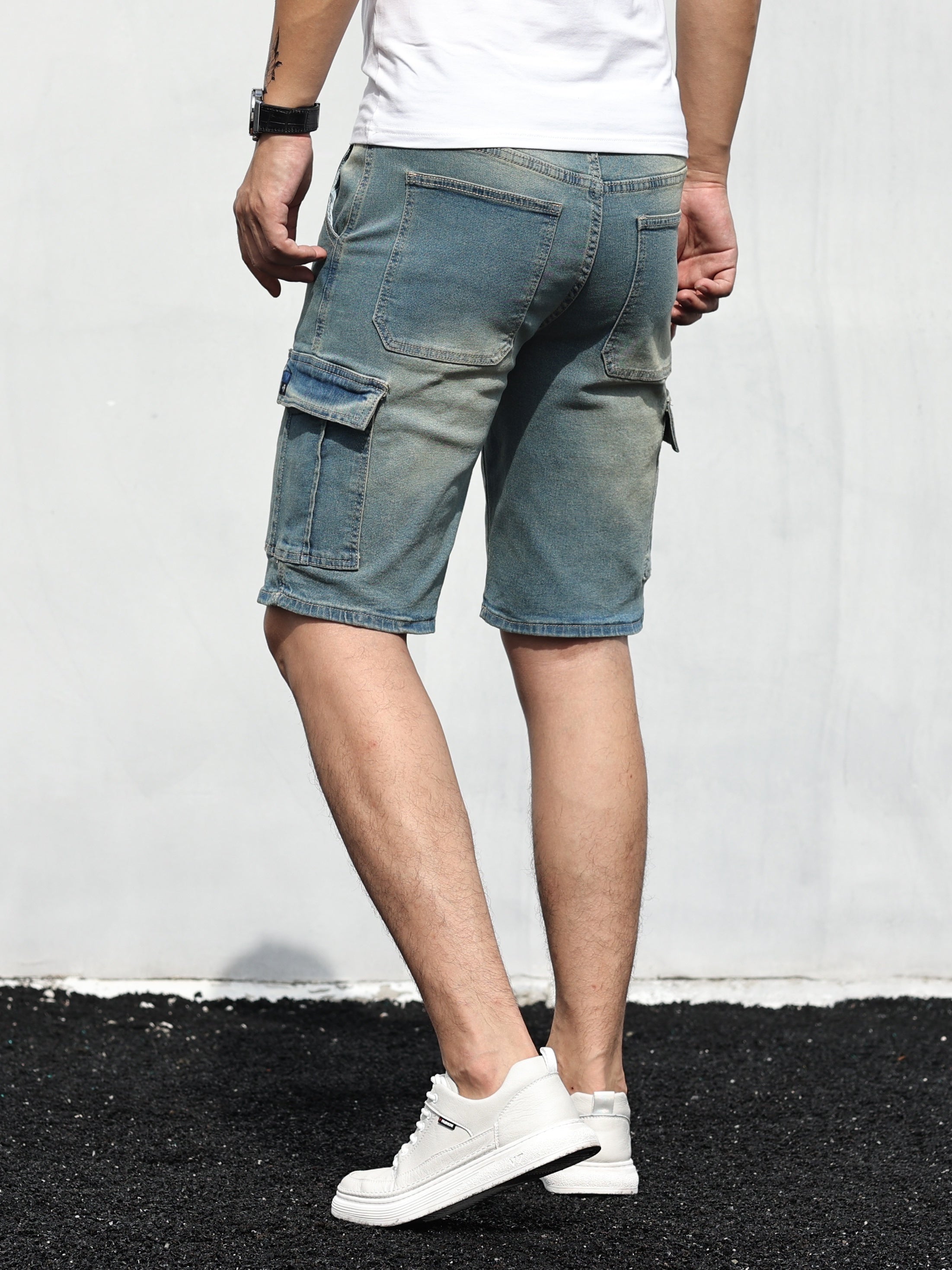 Men's Cargo Denim Shorts Stretch Waist Drawstring Outdoor