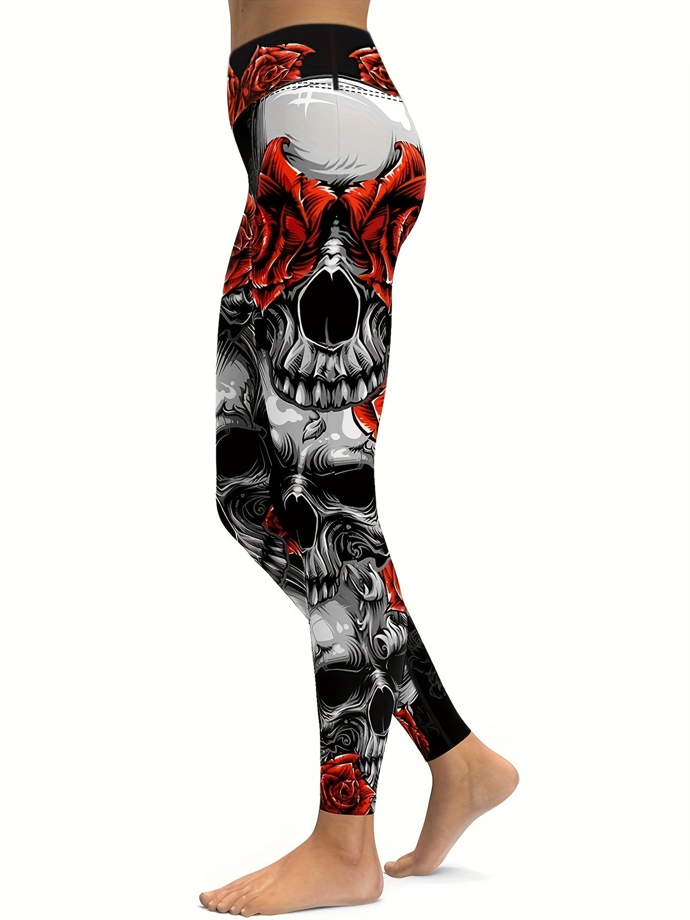 Flower & Skull Print Leggings For Halloween Yoga Fitness Pants