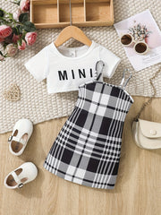 Infants Summer Outfit Short Sleeve Tee Top & Cami Dress Set with Suspenders