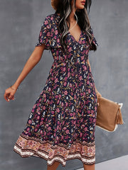 Boho Floral Print V Neck Dress Casual Short Sleeve Dress