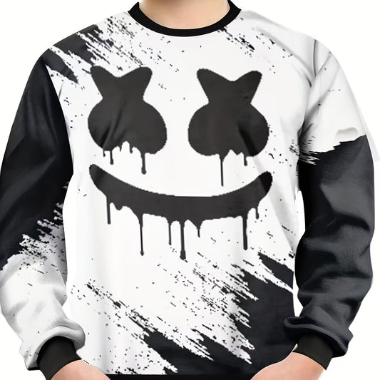 Funny Face Pattern Sweatshirt For Kids Long Sleeve Top Boy's Clothes