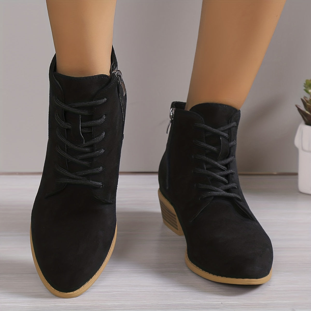 Women's Chunky Heel Ankle Boots Side Zipper Pointed Toe Outdoor Shoes