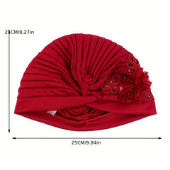 Sequin Flower Decor Turban Cap Pleated Bonnet Head Wrap