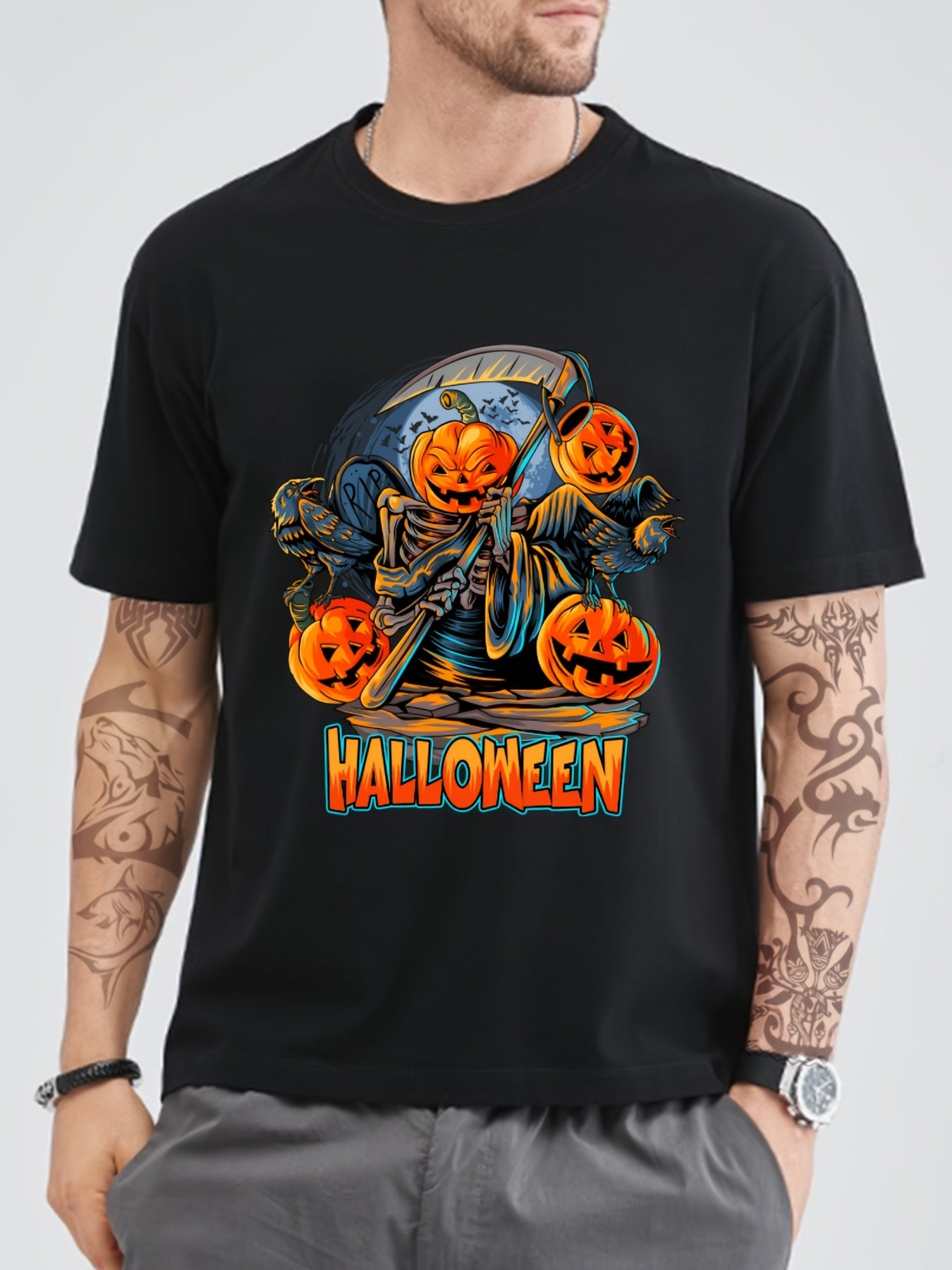 Pumpkin Print Men's Graphic Crew Neck T shirt Casual Comfy Tees