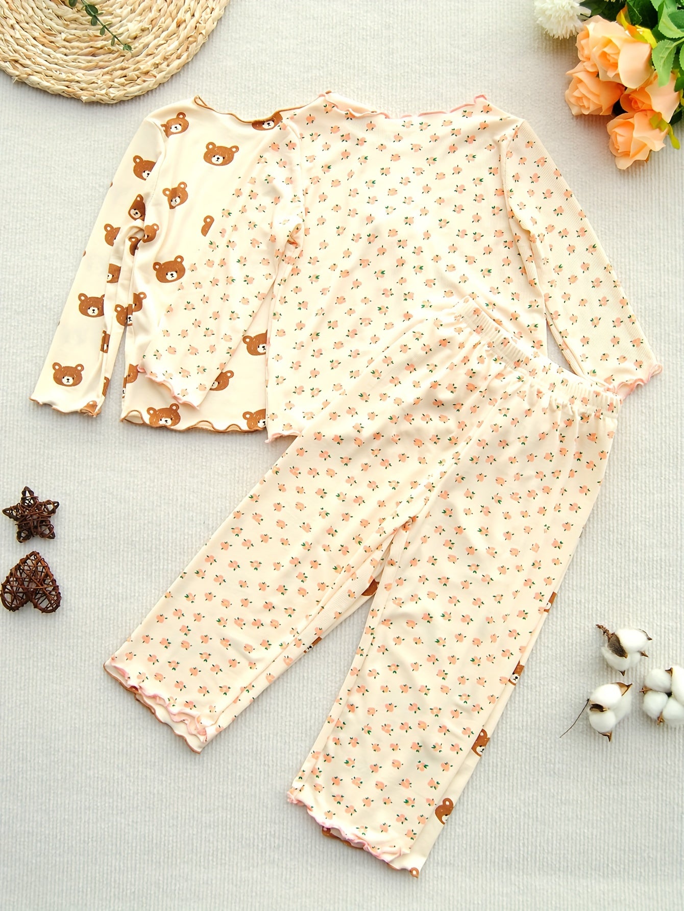 Floral Pattern Kid's Pajamas Set Long Sleeve Top & Pants Comfy PJ Set