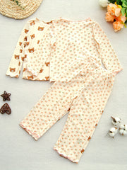 Floral Pattern Kid's Pajamas Set Long Sleeve Top & Pants Comfy PJ Set