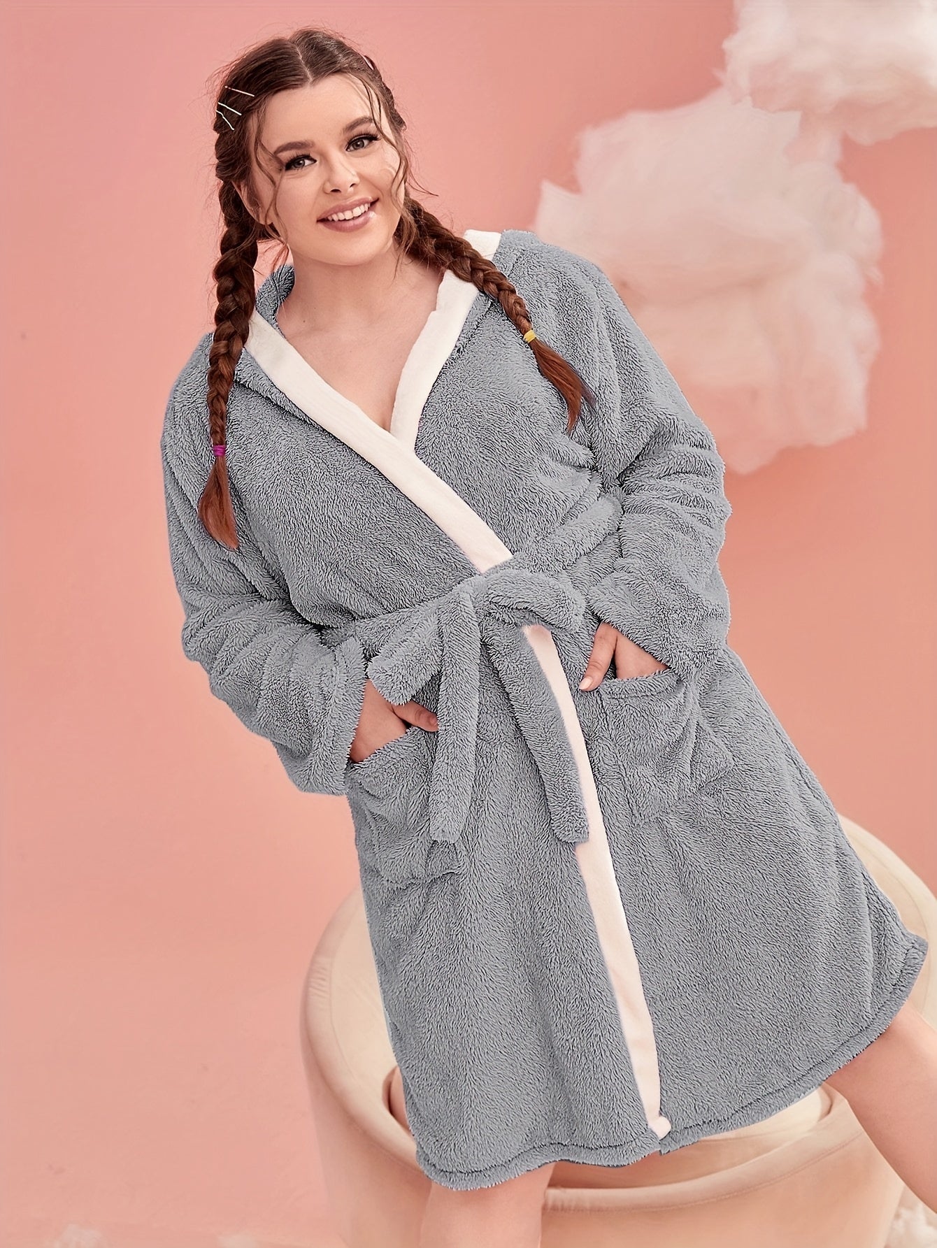 Women's Plus Flannel Long Sleeve Fleece Hooded Bathrobe