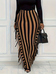 Stripe Print High Rise Fringe Trim Maxi Skirt