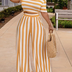 Striped Two Piece Set Short Sleeve Crop Top & Wide Leg Pants Women's Outfit