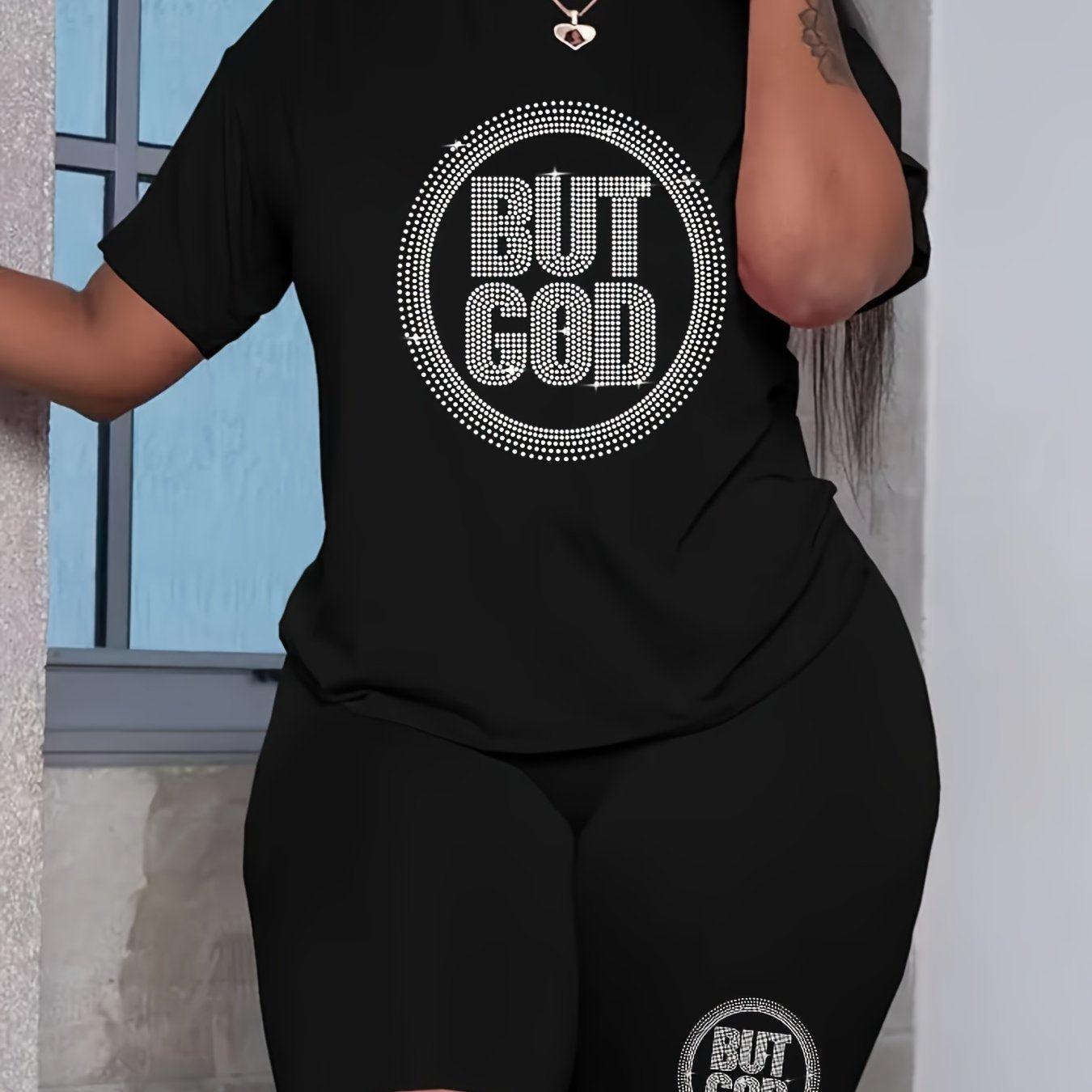 Rhinestone Letter Tee & Biker Shorts Set Plus Size 2pcs Outfit