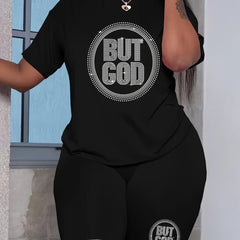 Rhinestone Letter Tee & Biker Shorts Set Plus Size 2pcs Outfit
